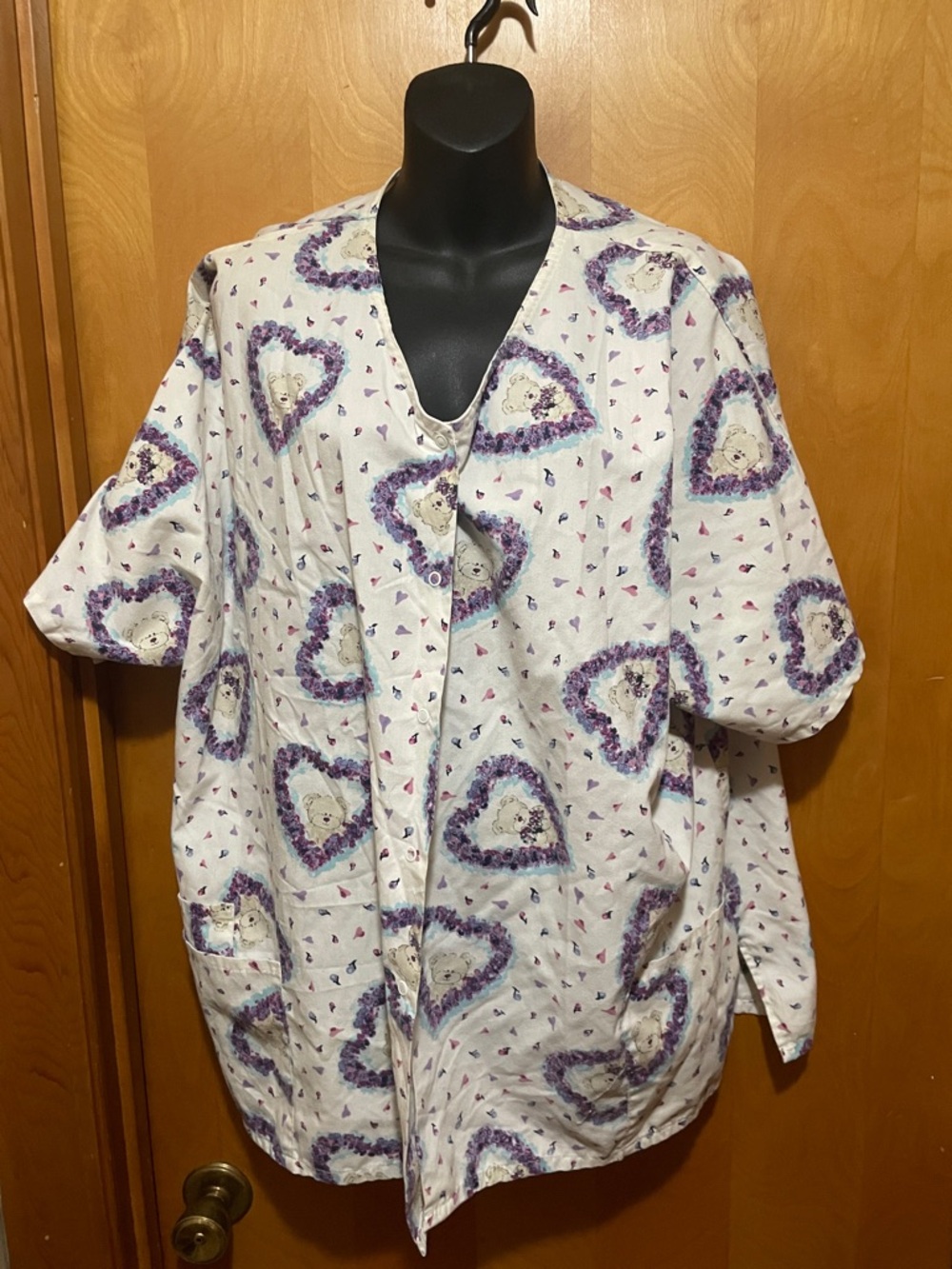 Scrub top Women’s White Heart-Print Button Front Top - Purple Accent M1